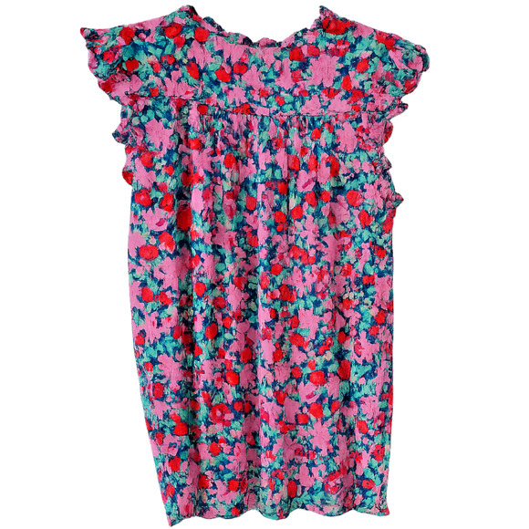 Women's Flutter Sleeve Ruffle Neck Top by LOFT Small Colorful Floral Light Airy - Picture 2 of 6